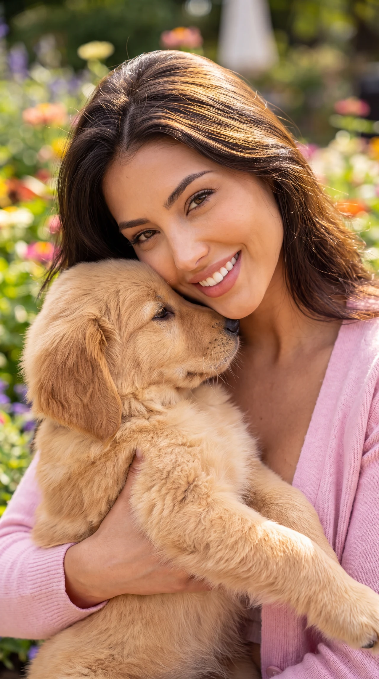 Счастье рядом 🐶🌸 Сделай такой же тёплый кадр: пушистый щенок на руках, яркий цветочный фо…