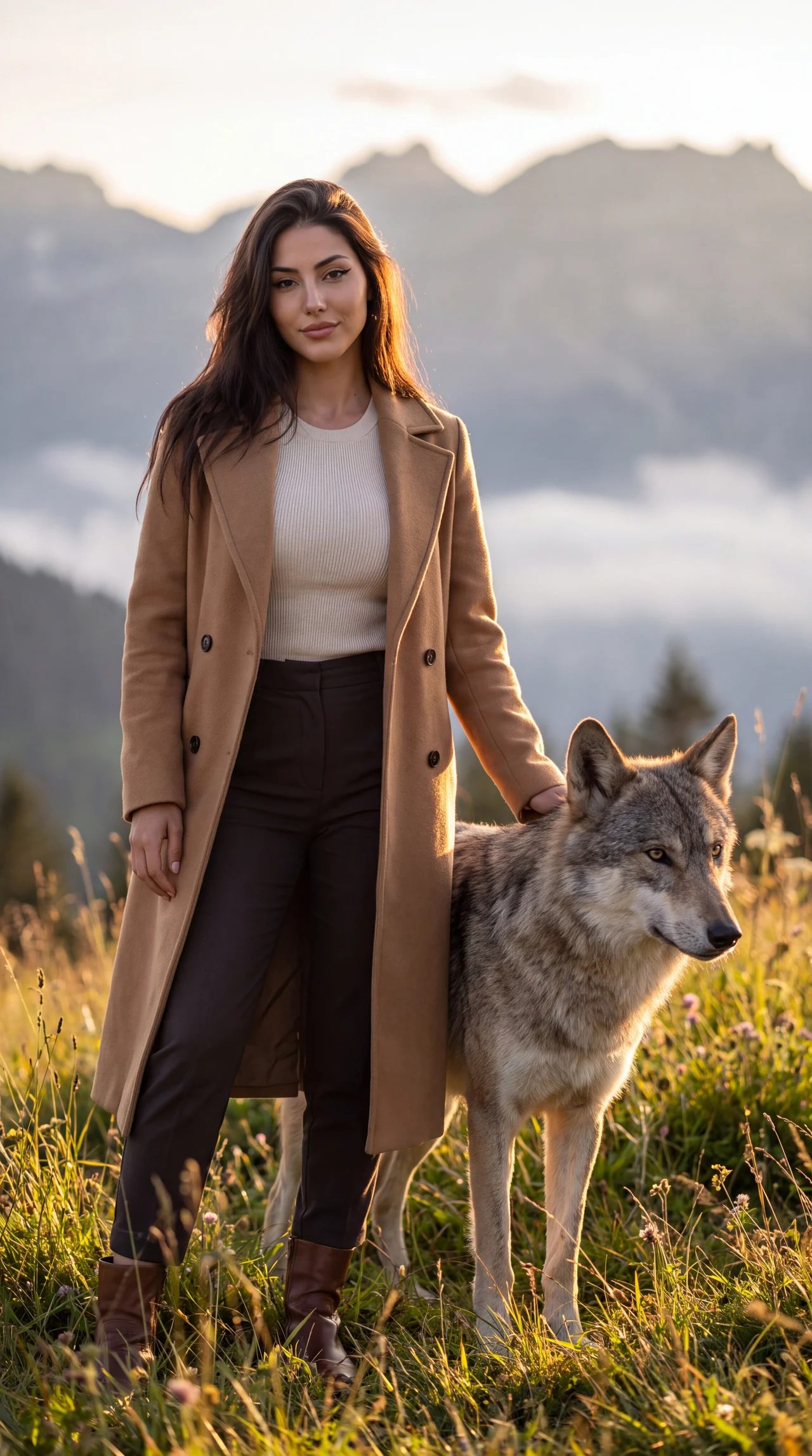 Сила природы 🐺⛰️ Сделай такой же атмосферный кадр: спокойный волк рядом, горная долина, т…