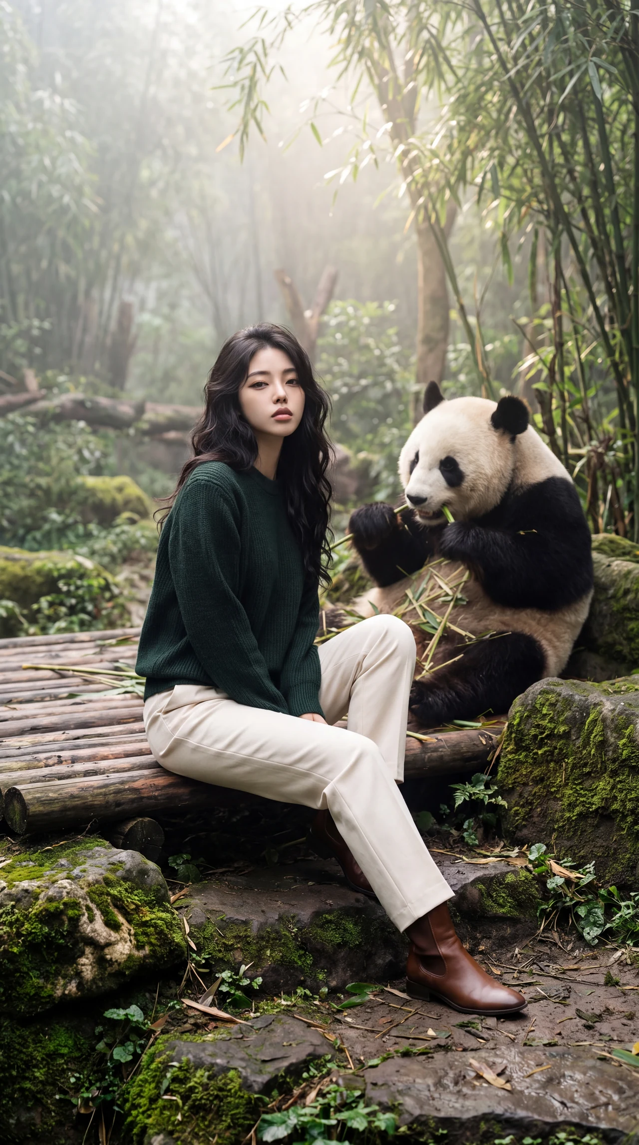 Панда — туманное утро 🐼🌿 Сделай такой же уютный кадр рядом с большой пандой — бамбуковый…