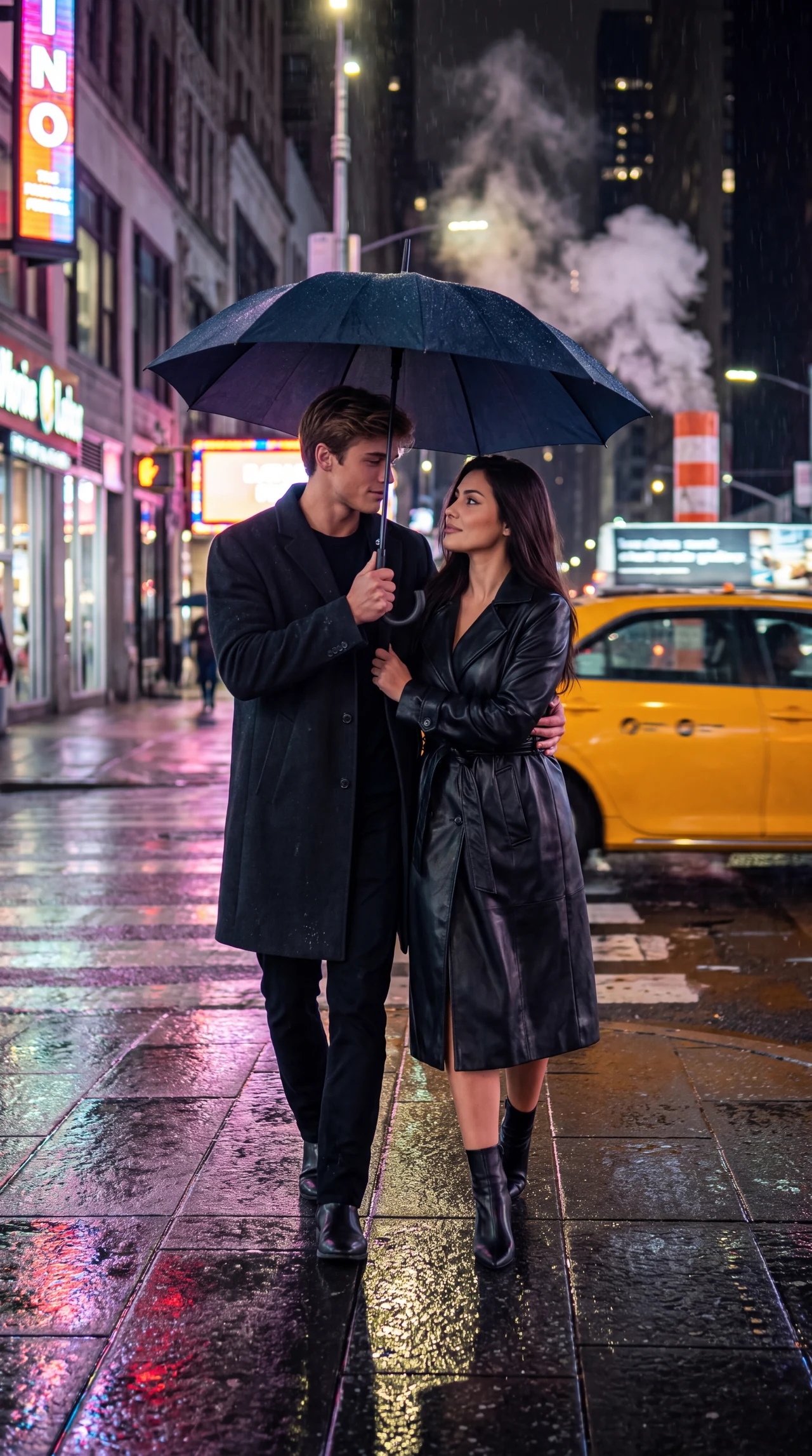 🌧️ Ночной Манхэттен ✨ Сделай такой же глубокий кинематографичный кадр с парой на дождливо…