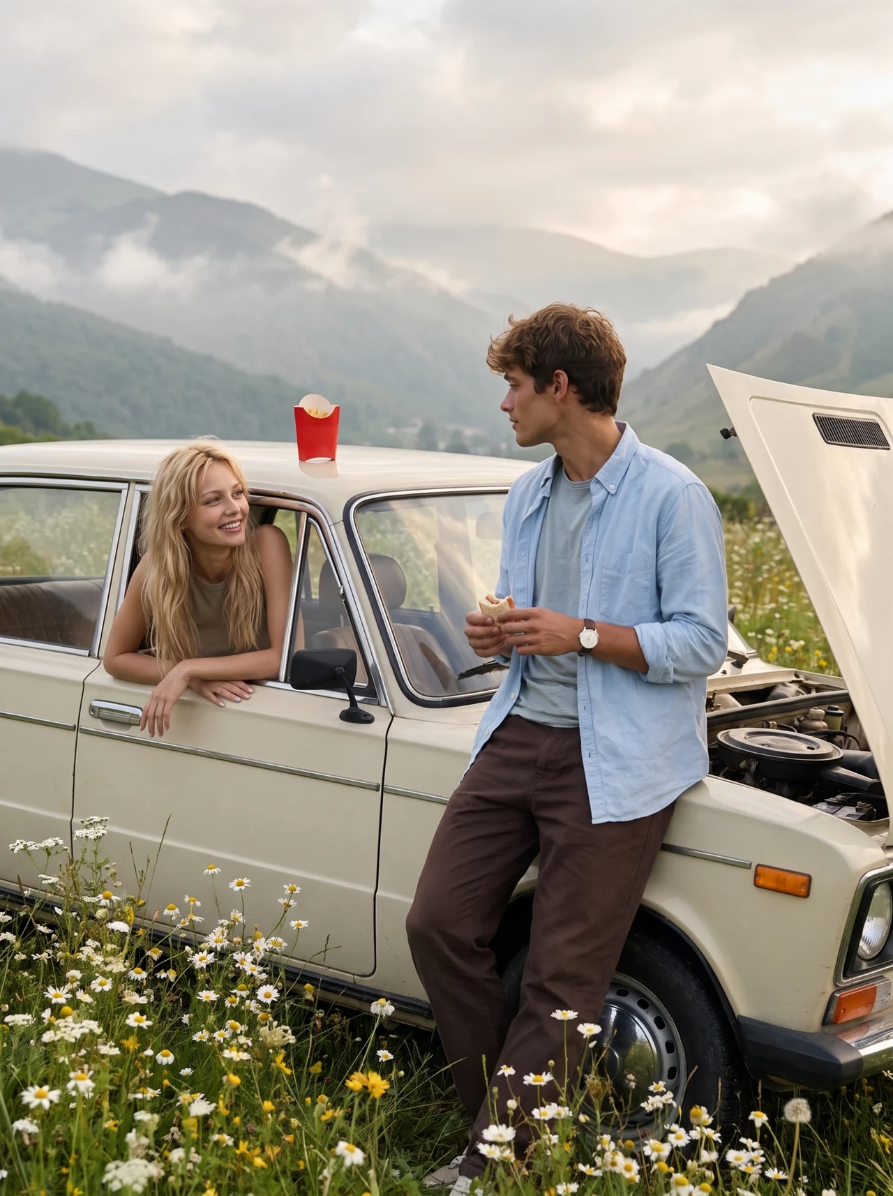 Mountain Breakdown 🌿🚙 Сделай такой же уютный парный кадр с винтажной машиной среди зелёны…