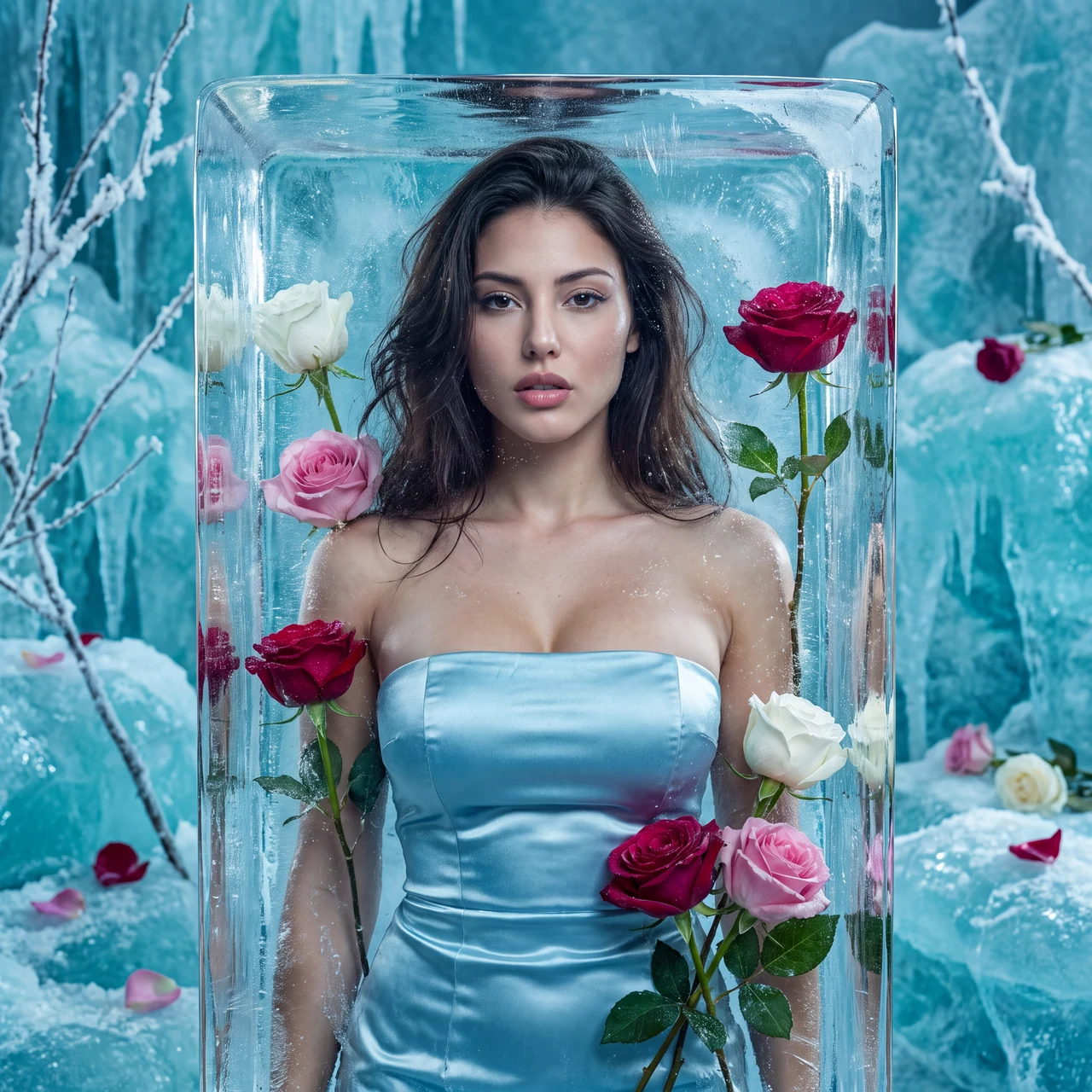 Frozen Rose Mood ❄️🌹 Сделай такой же эффектный кадр во льду — голубой сатин, замороженные…