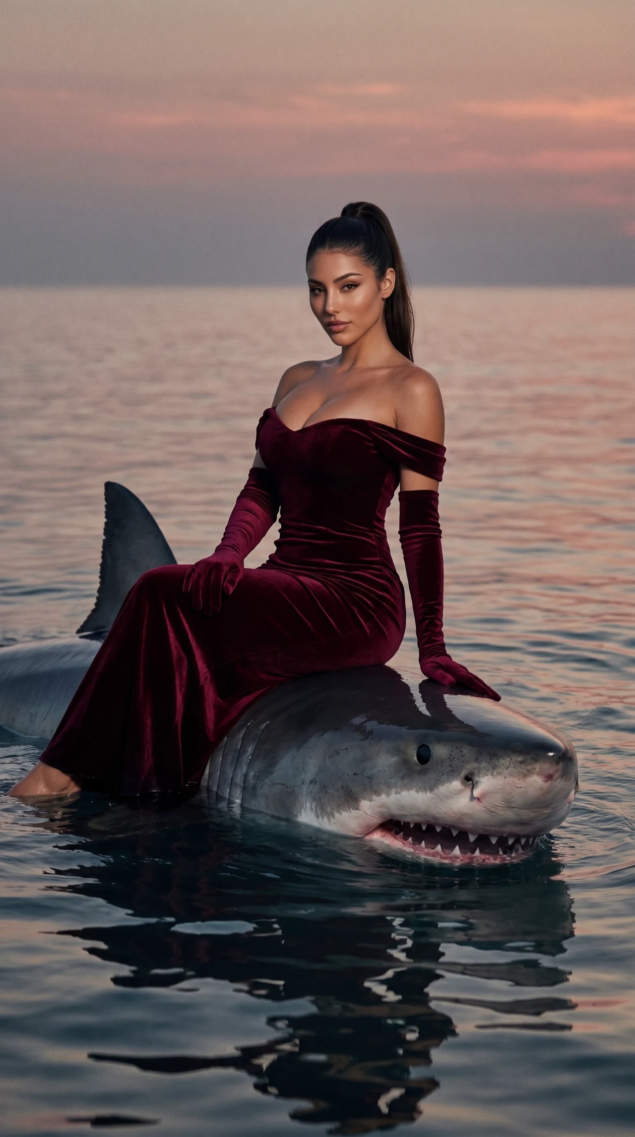 Shark Queen Mood 🦈🍷 Сделай такой же эффектный кадр на акуле — бордовое бархатное платье,…