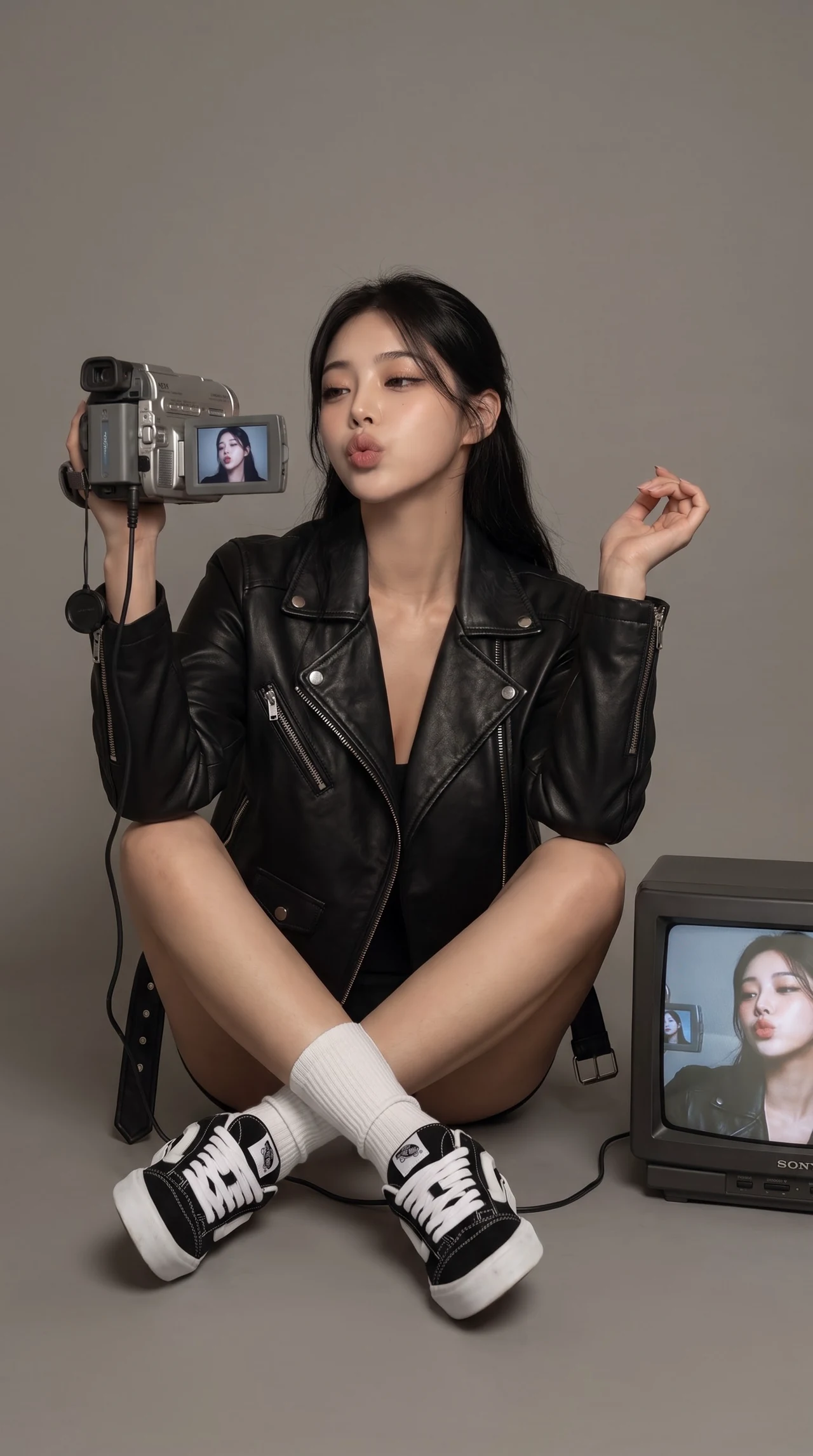 Retro Cam Mood 📹🖤 Сделай такой же стильный кадр с винтажной камерой — кожаная куртка, ста…