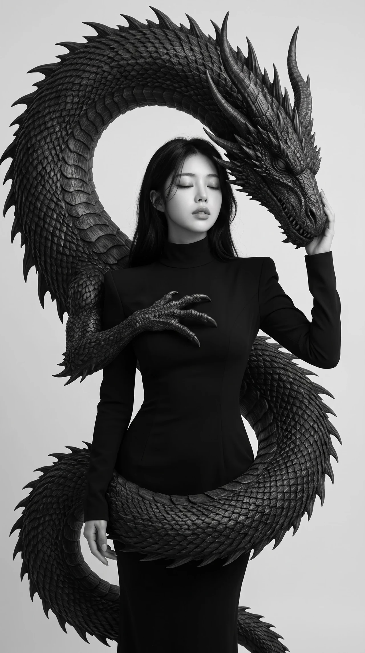 Dragon Embrace Mood 🐉🖤 Сделай такой же атмосферный dark-fantasy кадр — огромный чёрный др…
