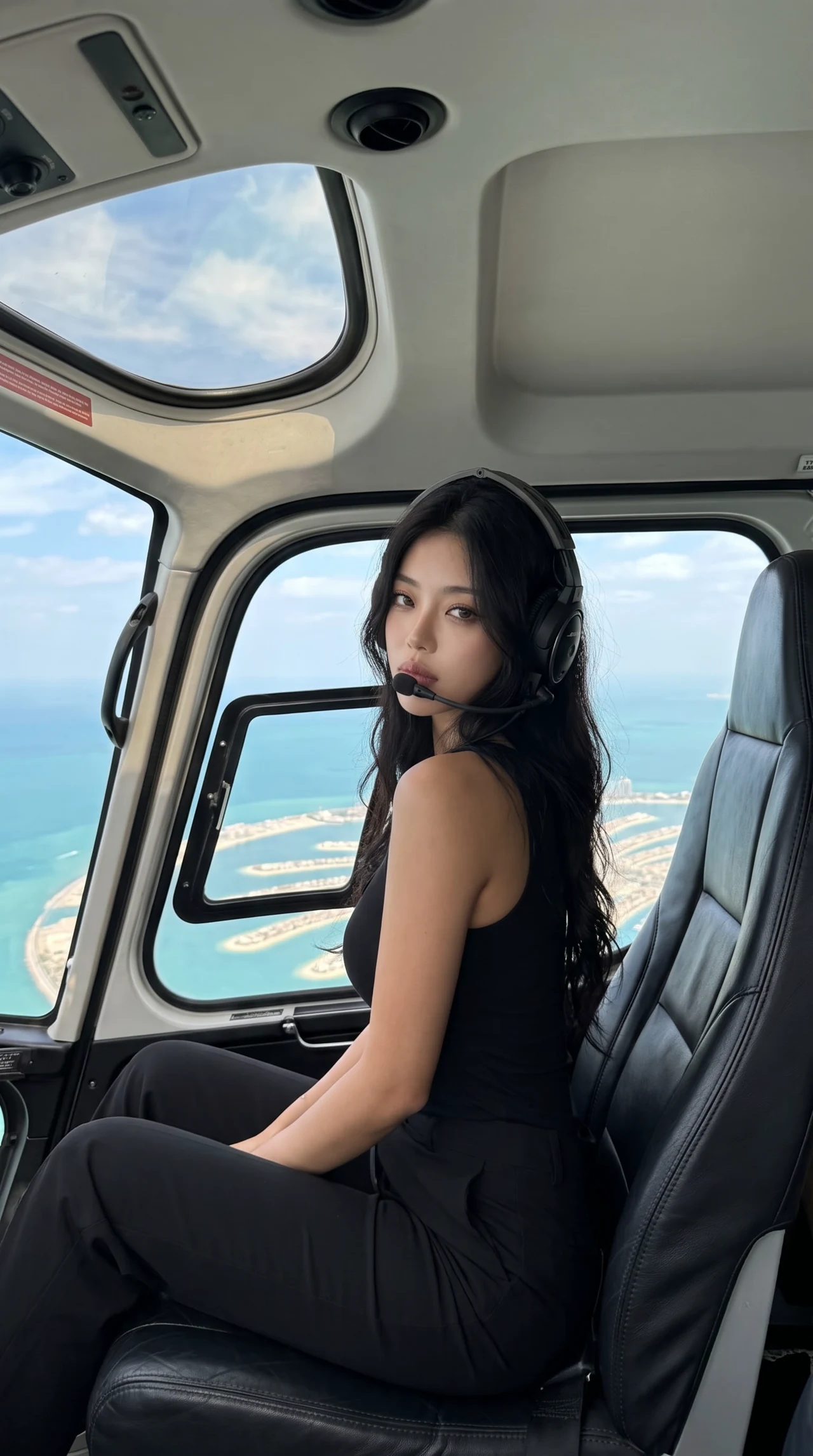 Skyline Escape 🚁🌊 Сделай такой же стильный travel-кадр в вертолёте — чёрный образ, гарнит…