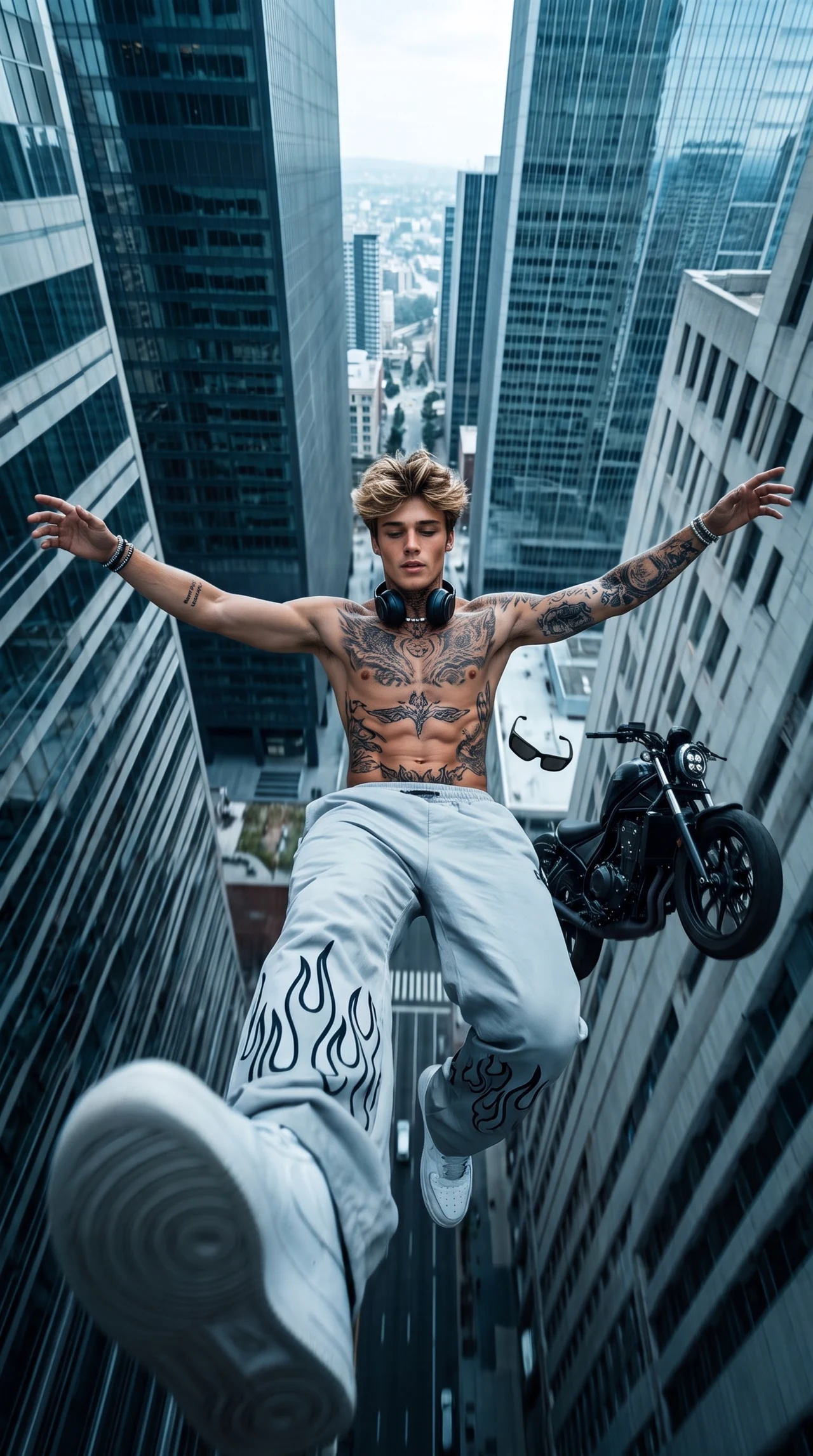 Free Fall Energy 🖤🏙️ Сделай такой же экстремальный cinematic-кадр — свободное падение меж…