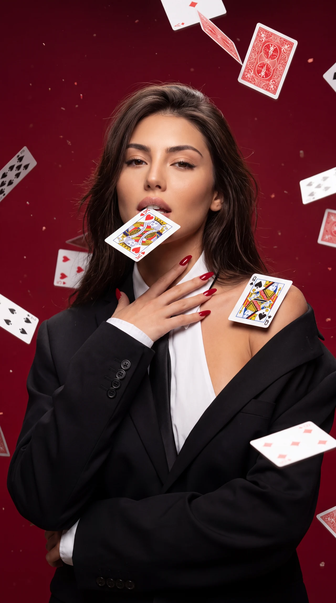 Карточный шик ♥️♠️ Сделай такой же эффектный модный кадр — глубокий красный фон, чёрный п…