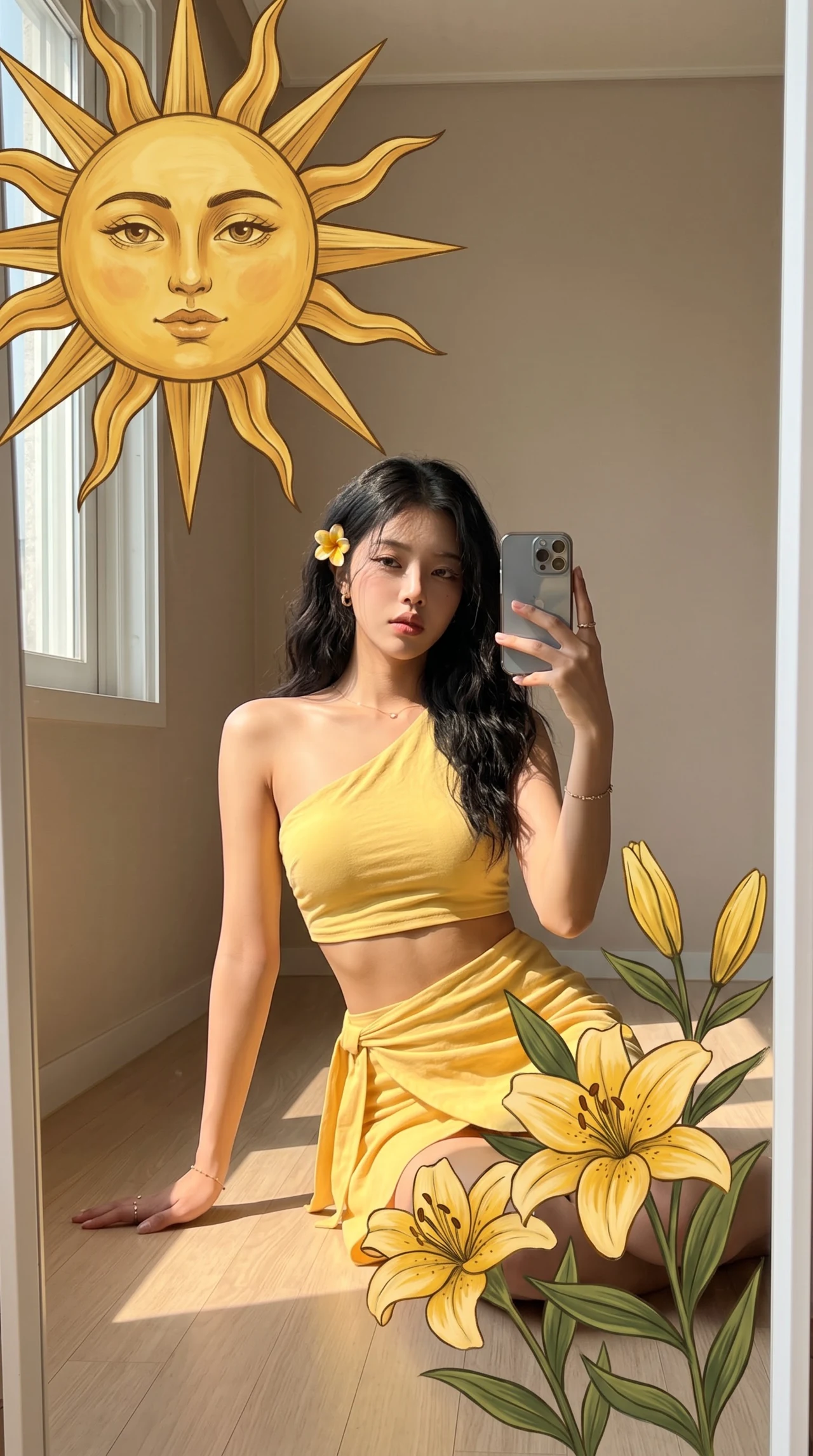 Солнечное отражение ☀️🌼 Сделай такой же яркий кадр у зеркала — жёлтый образ, тёплые солне…