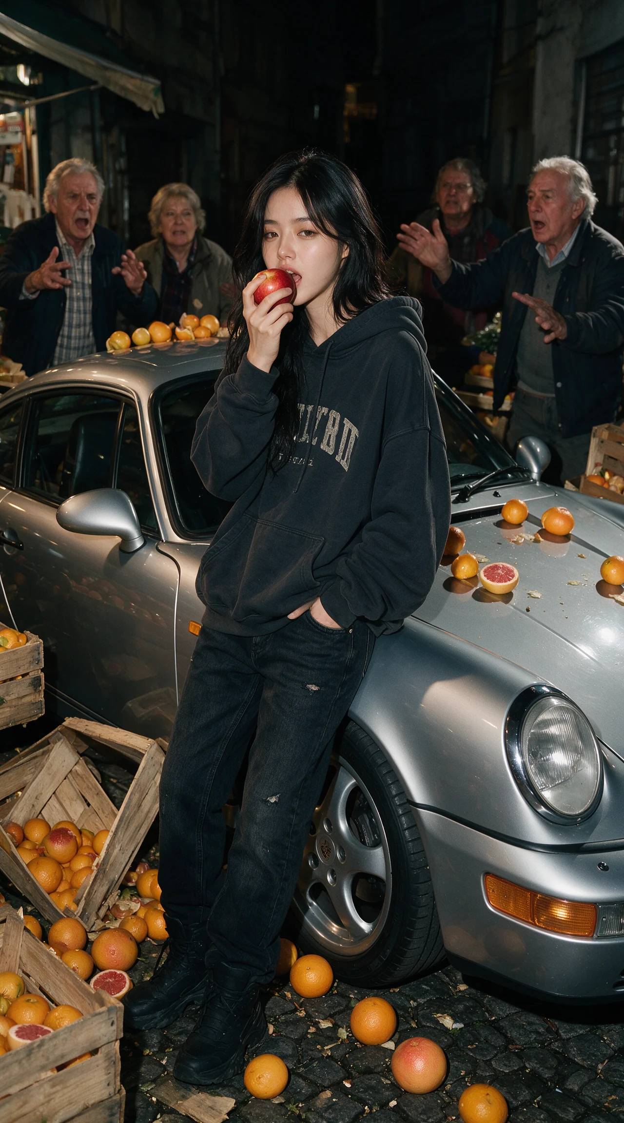 Ночной переполох 🍎🚘 Сделай такой же дерзкий уличный кадр — серебристый спорткар, рассыпан…