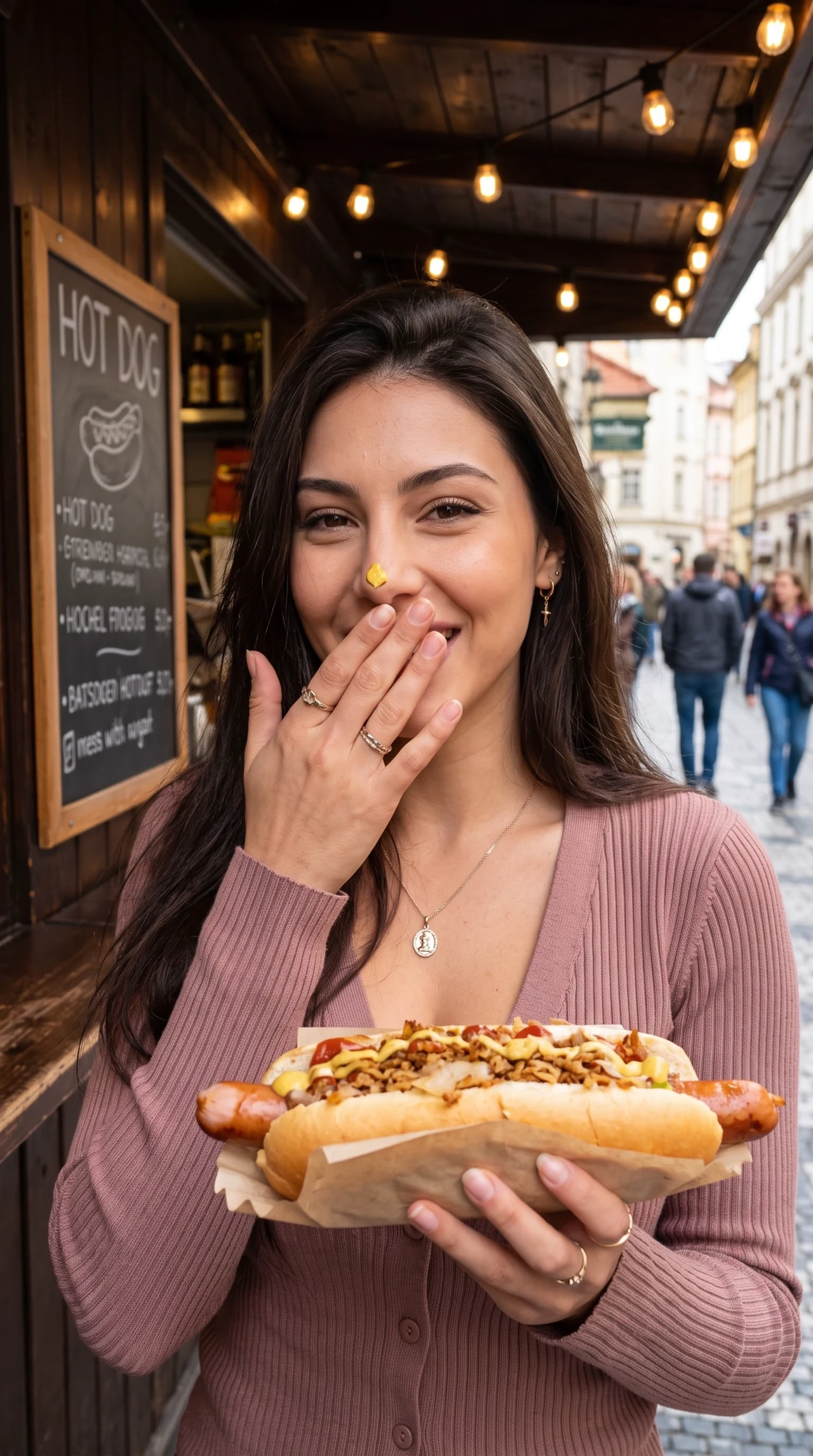 Уличный перекус 🌭✨ Сделай такой же живой кадр у уличного кафе — огромный хот-дог, тёплые…