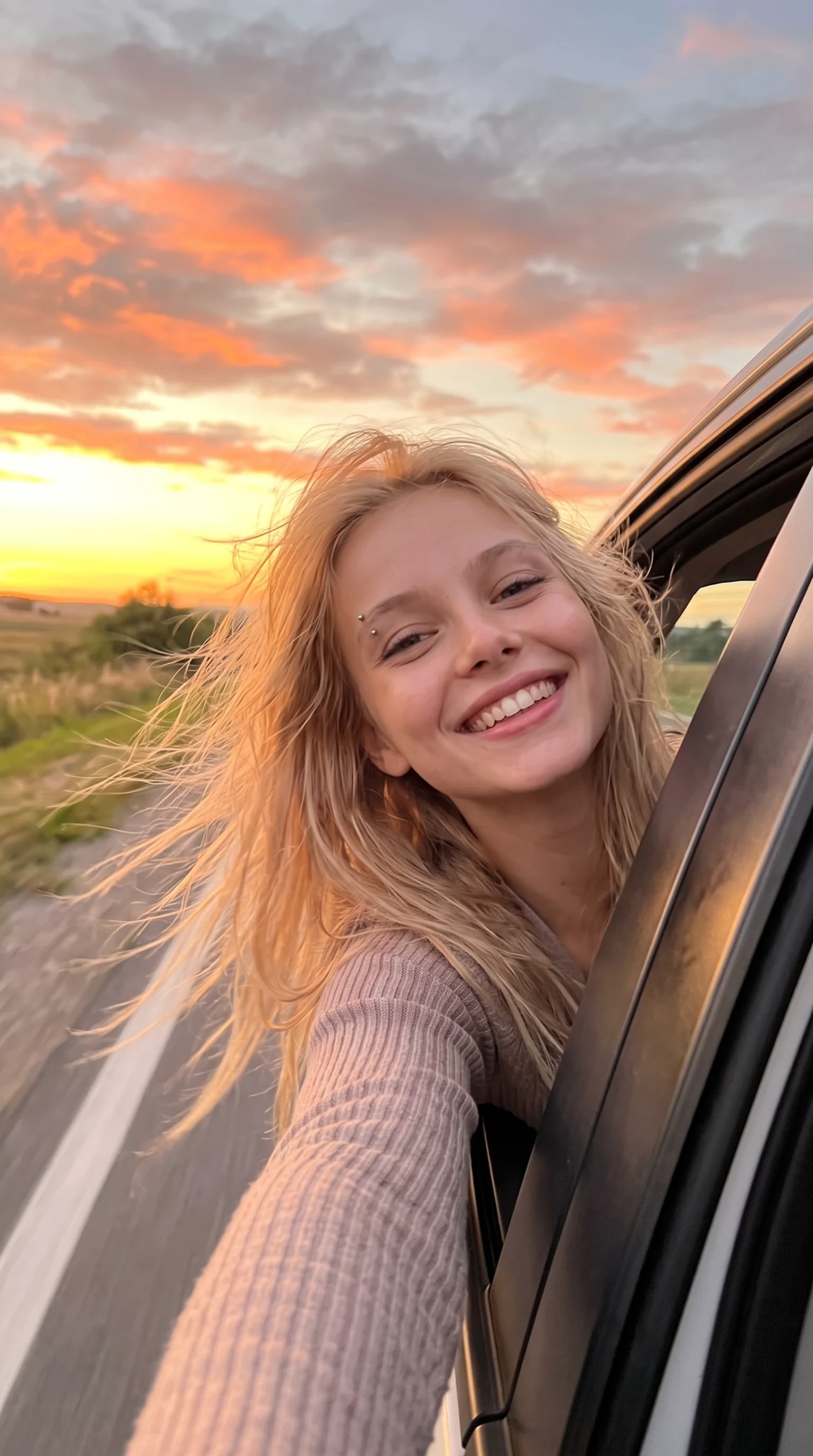 Свобода на закате 🌅✨ Сделай такой же живой кадр из окна машины — волосы развевает ветер,…
