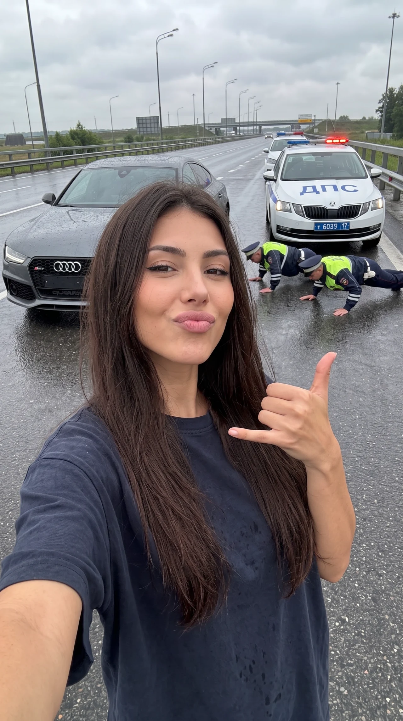 ДПС на мокрой трассе 🚔🌧️ Сделай такой же дерзкий кадр на дороге — дождливая трасса, машин…