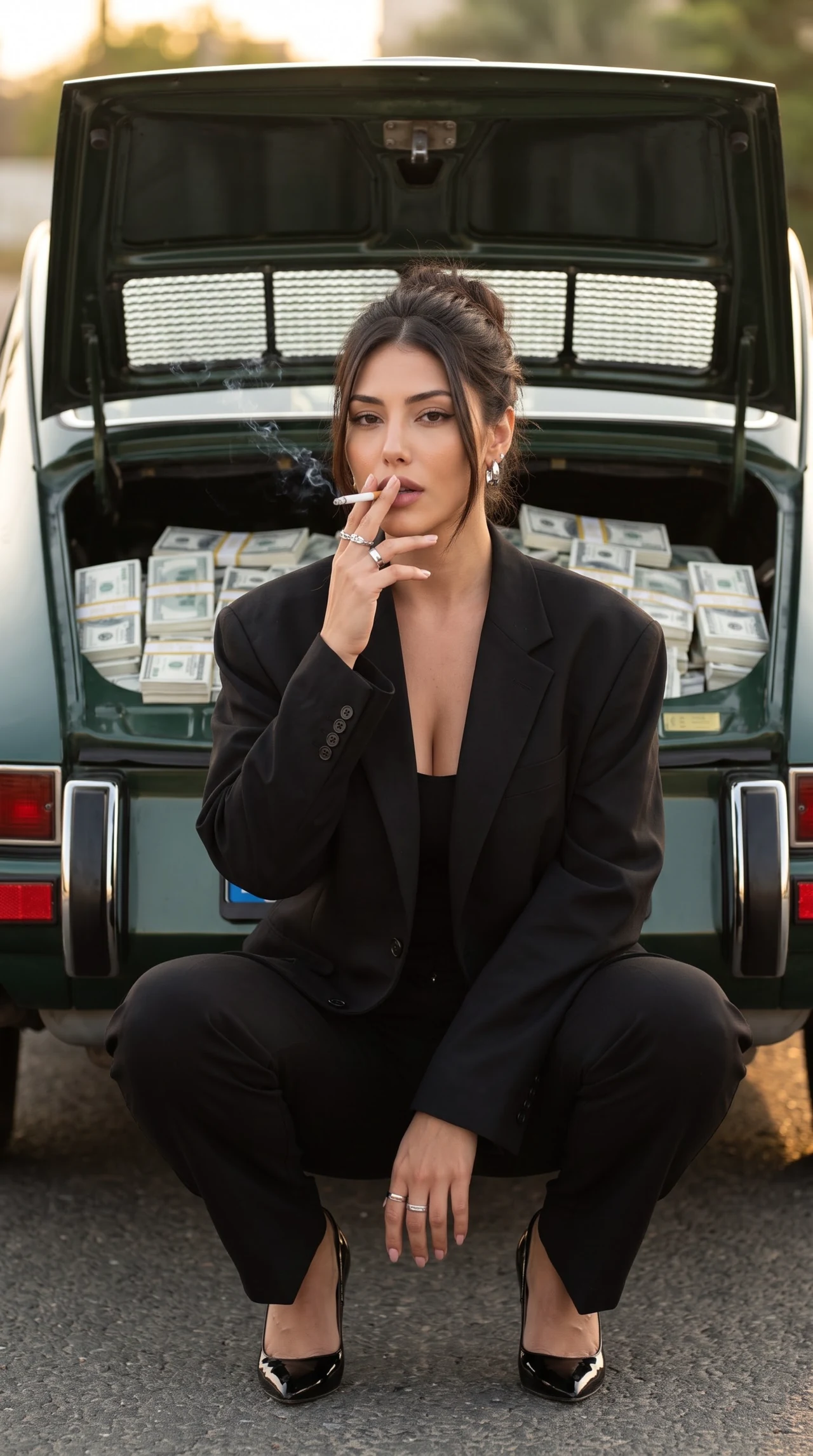 Деньги любят тишину 💸🖤 Сделай такой же дерзкий кадр — чёрный костюм, винтажный автомобиль…