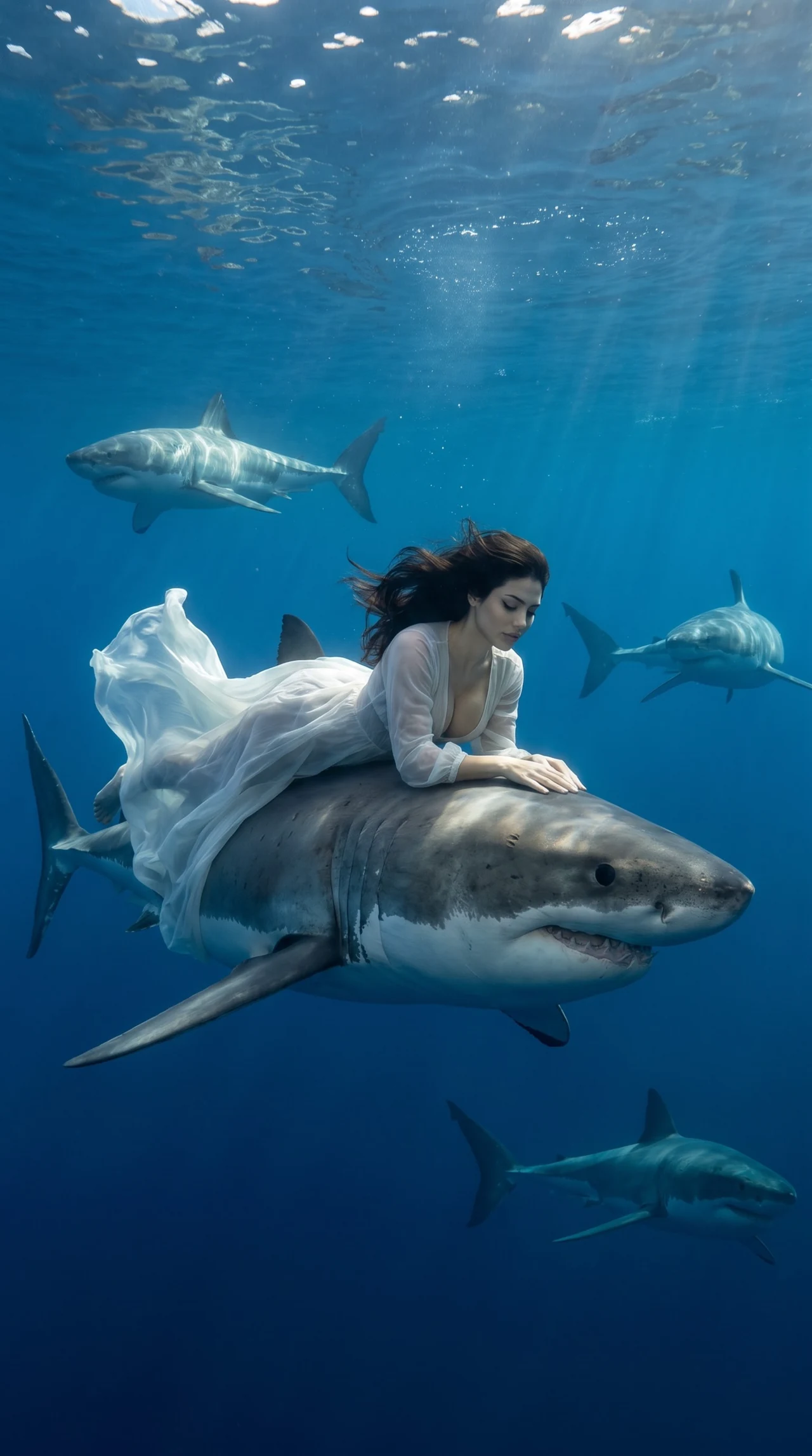 Опасная нежность 🦈🤍 Сделай такой же нереальный кадр — подводная глубина, белое воздушное…