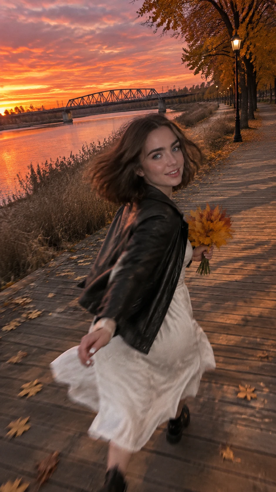 🍁 Осеннее фото где вы на набережной с осенним букетом кленовых листьев. Загрузите 1 фото…