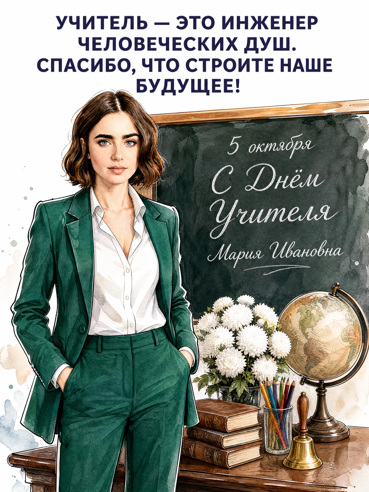 👩🏫 Имя на доске можете менять. Стильная открытка для учителей "С Днём учителя" в технике…