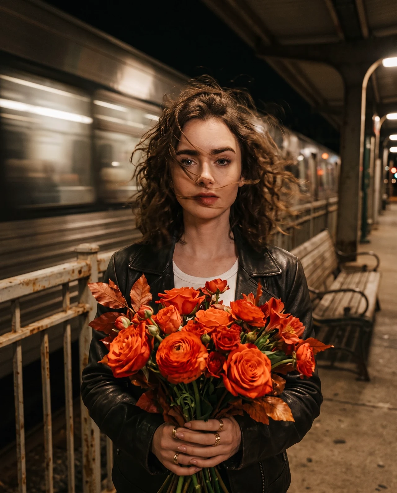 💐 Девушка с букетом цветов на вокзале. Она стоит ночью и её волосы развивается от проезжа…