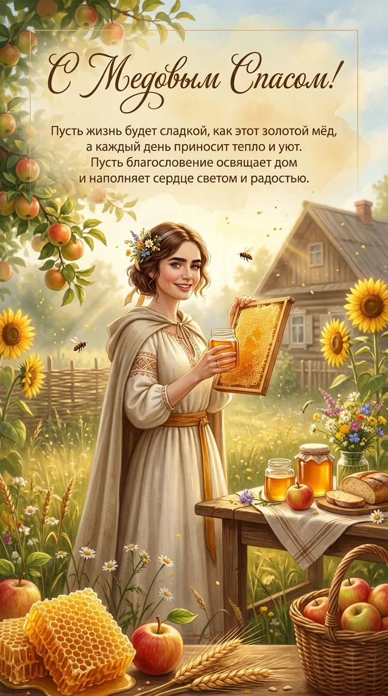 Открытка с Медовым Спасом. Надпись и Текст пожелания можно менять