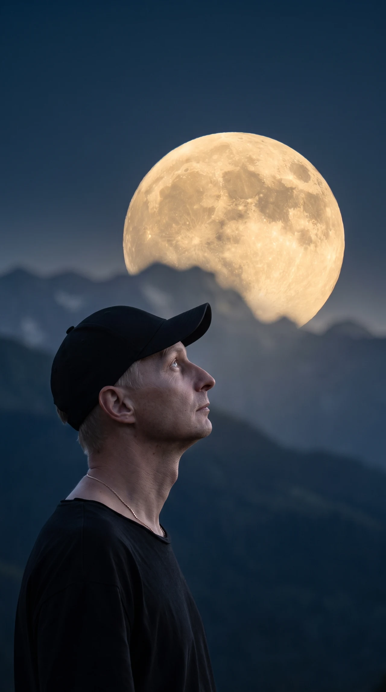 📸 Профессиональная фотография. Мужчина на фоне горного хребта и луны. Меняйте головной уб…