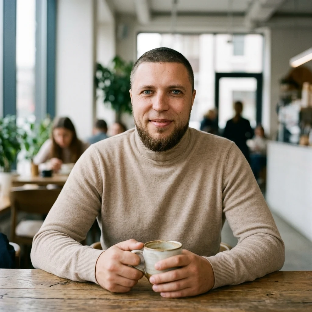 Candid lifestyle photography of a handsome man in a beige cashmere turtleneck sweater, si…