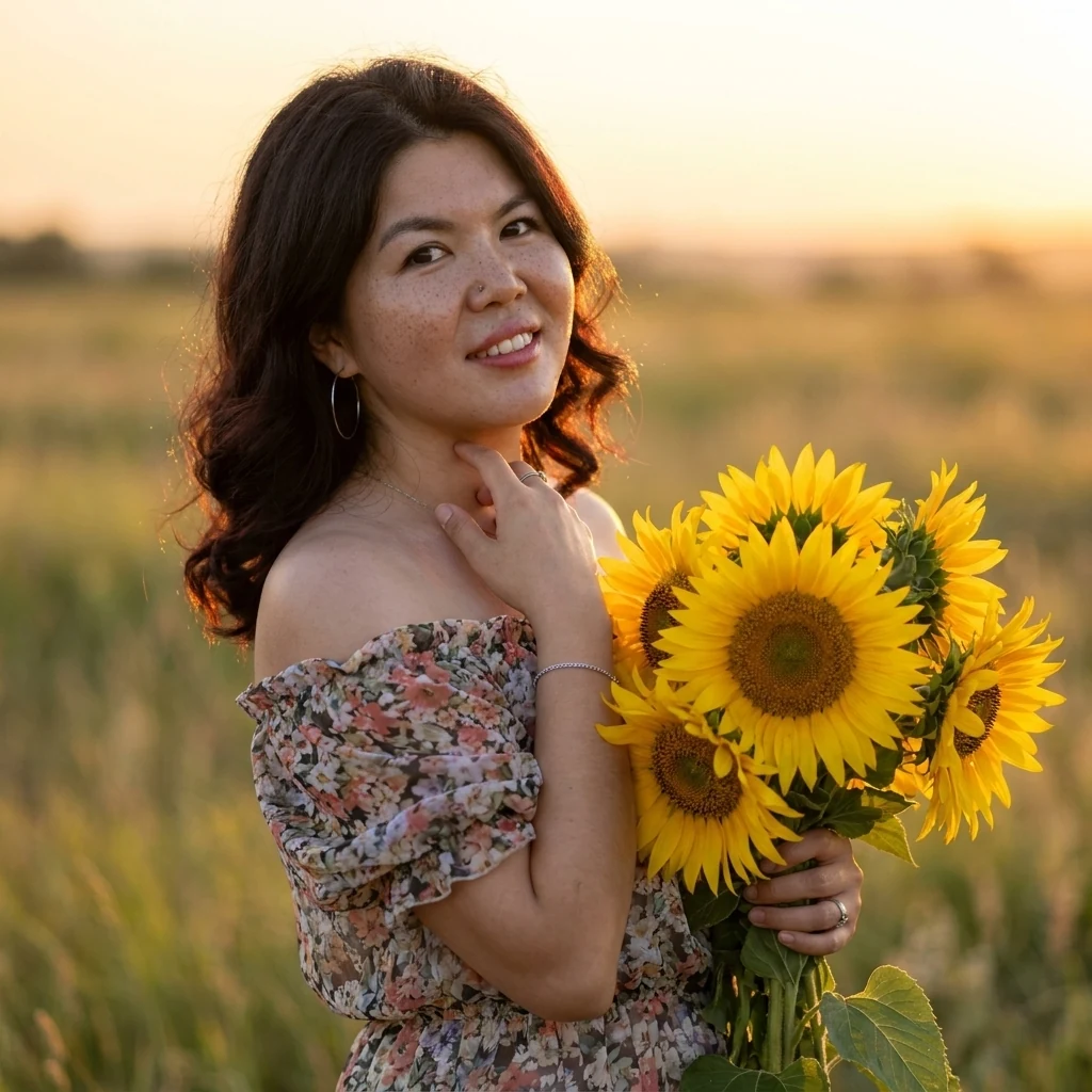 A photograph of a woman standing in a field during golden hour, holding a large bouquet o…