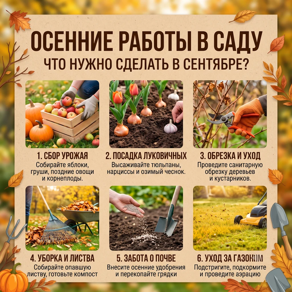 Промт: Создай реалистичную инфографику: Осенние работы в саду Что нужно сделать в сентябр…