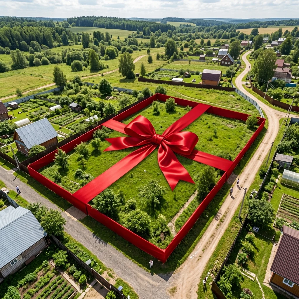 Промт: Земельный участок фото с квадрокоптера 6 соток упакованный в красную атласную толс…